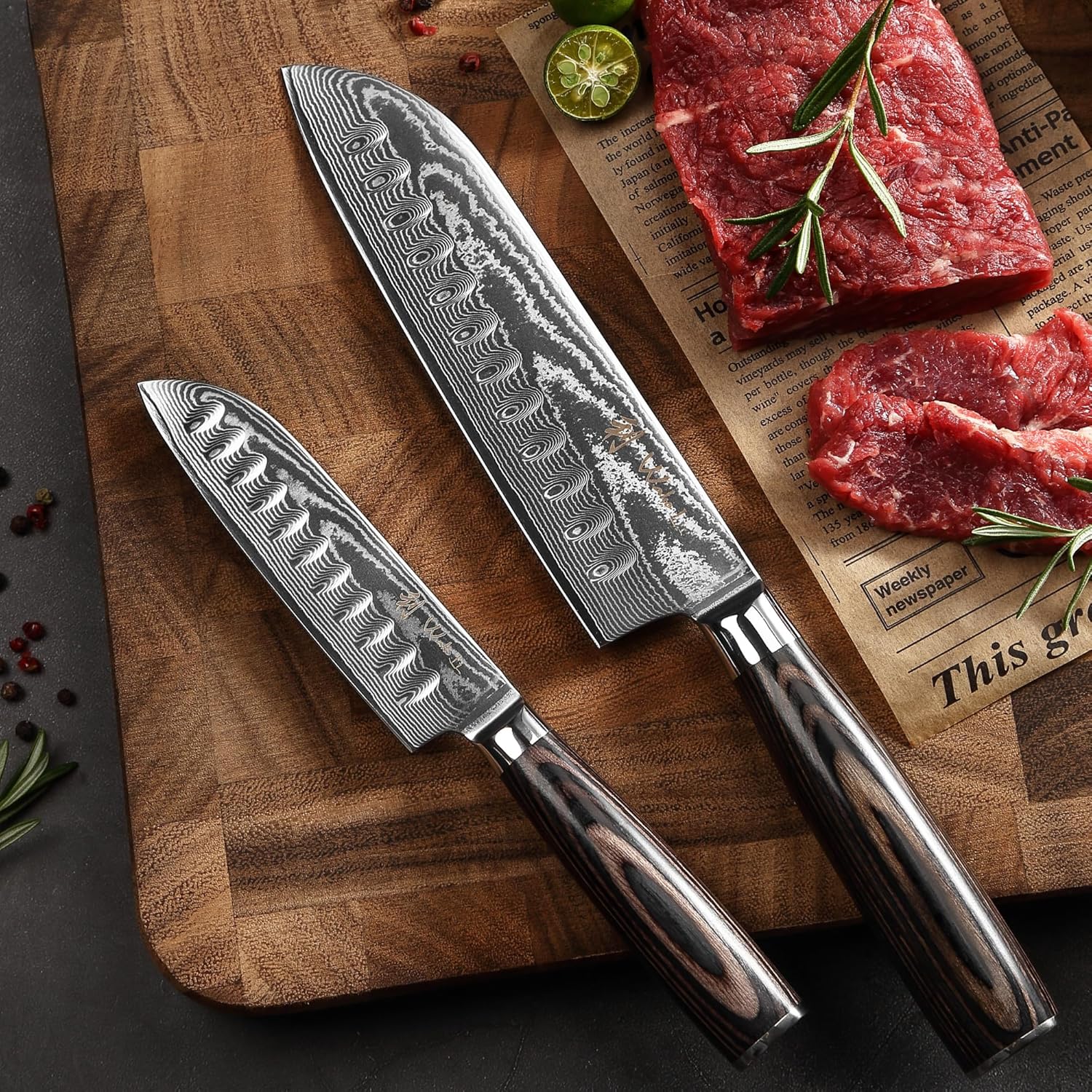 2er Damast Santokumesser-Set (12cm und 18cm) - 67 Lagen Damaststahl - Pakkaholzgriff - Inklusive Geschenkbox und Fingerschutz