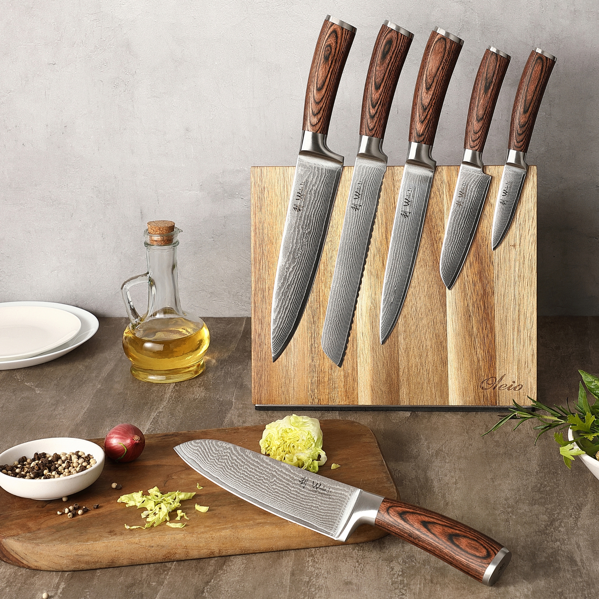 Wakoli Edib 6er Damastmesserset I 8 - 20 cm Klinge I mit Messerblock
