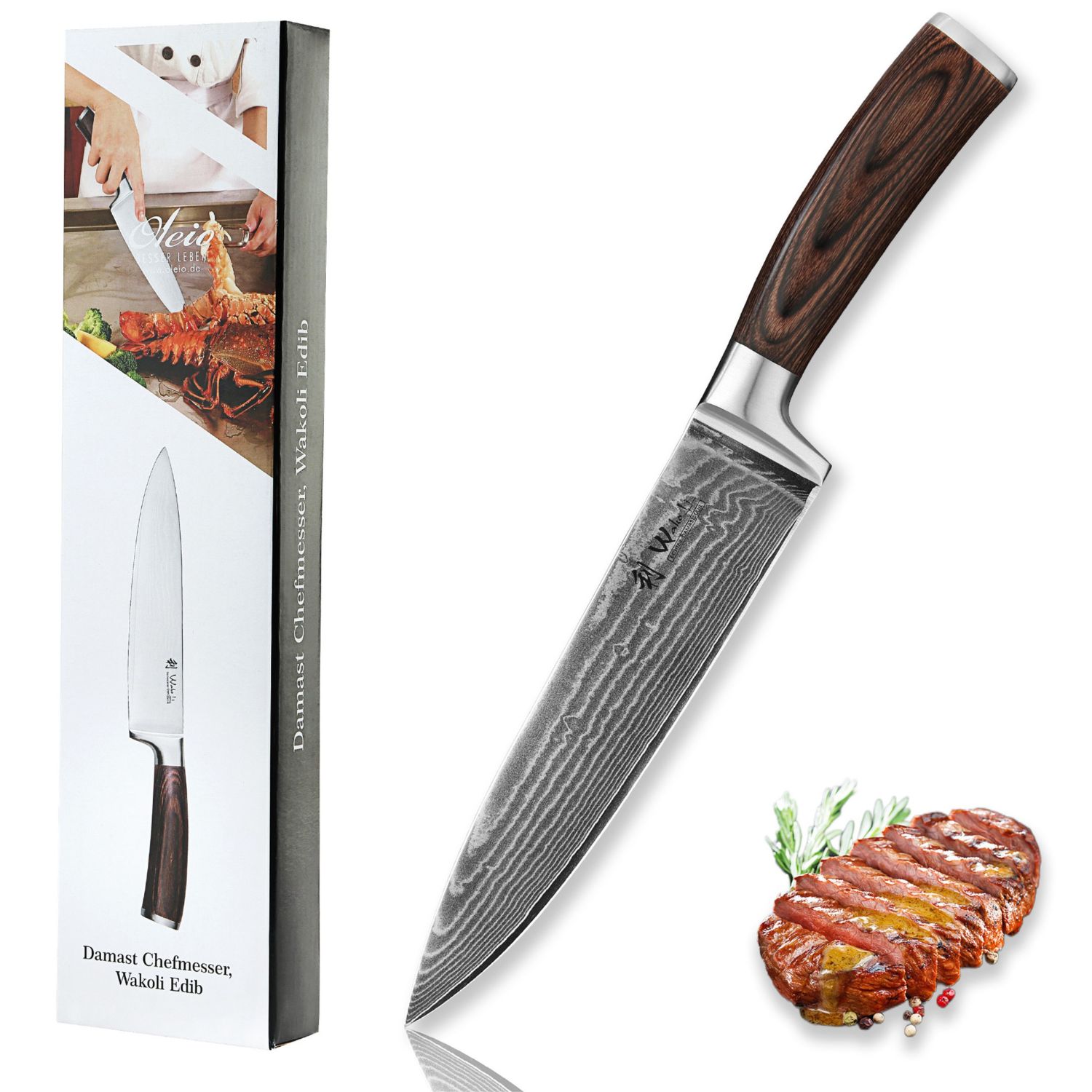 Wakoli EDIB Damast Chefmesser 20 cm Klinge aus echtem japanischen Damaststahl mit Pakkaholzgriff
