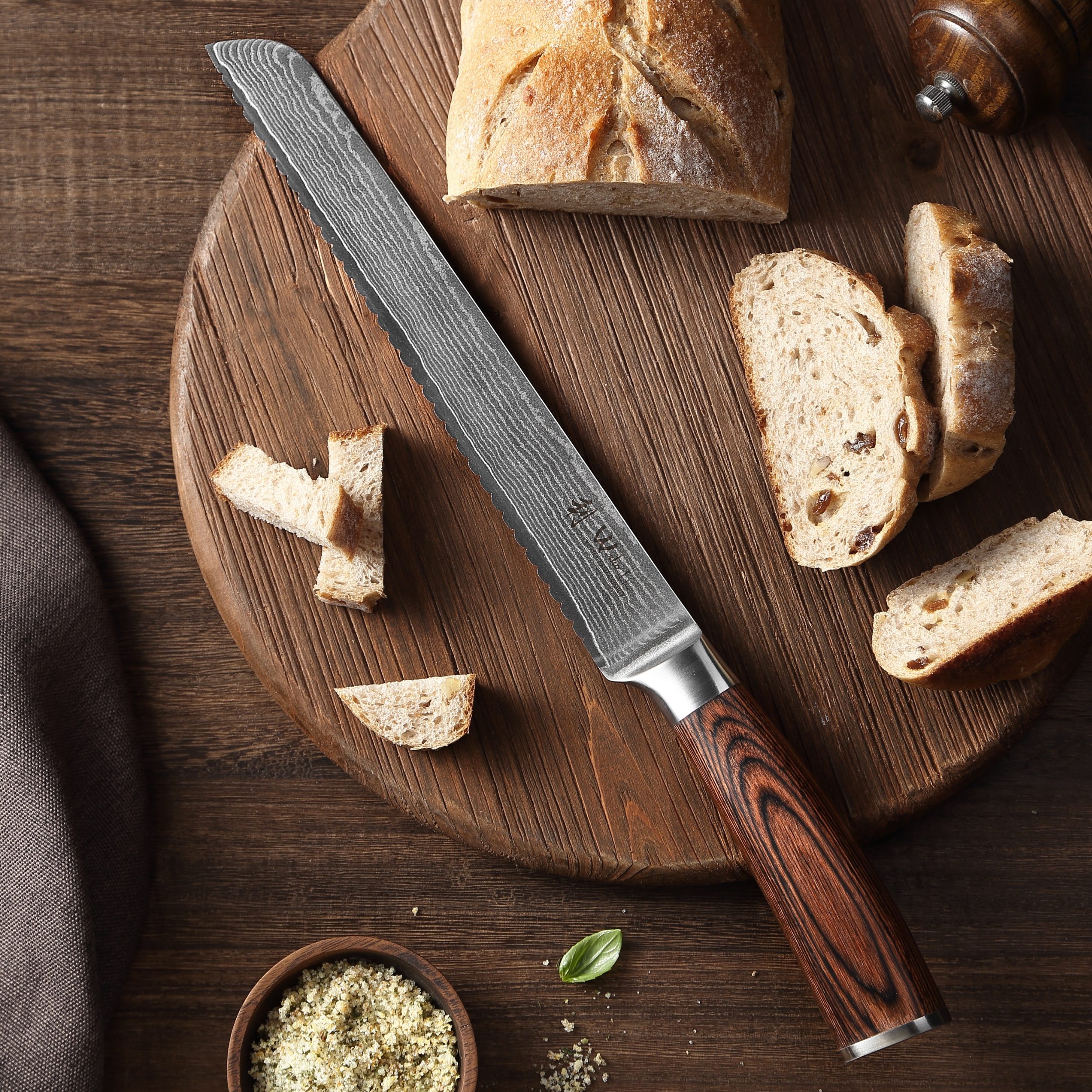 Wakoli EDIB Damast Brotmesser lang I 23 cm Klinge I Pakkaholzgriff