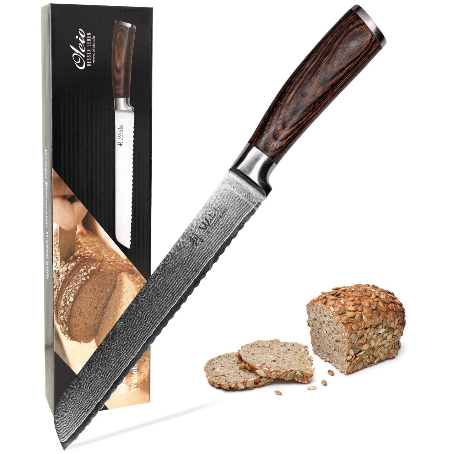 Wakoli EDIB Damast Brotmesser I 20 cm Klinge I Pakkaholzgriff