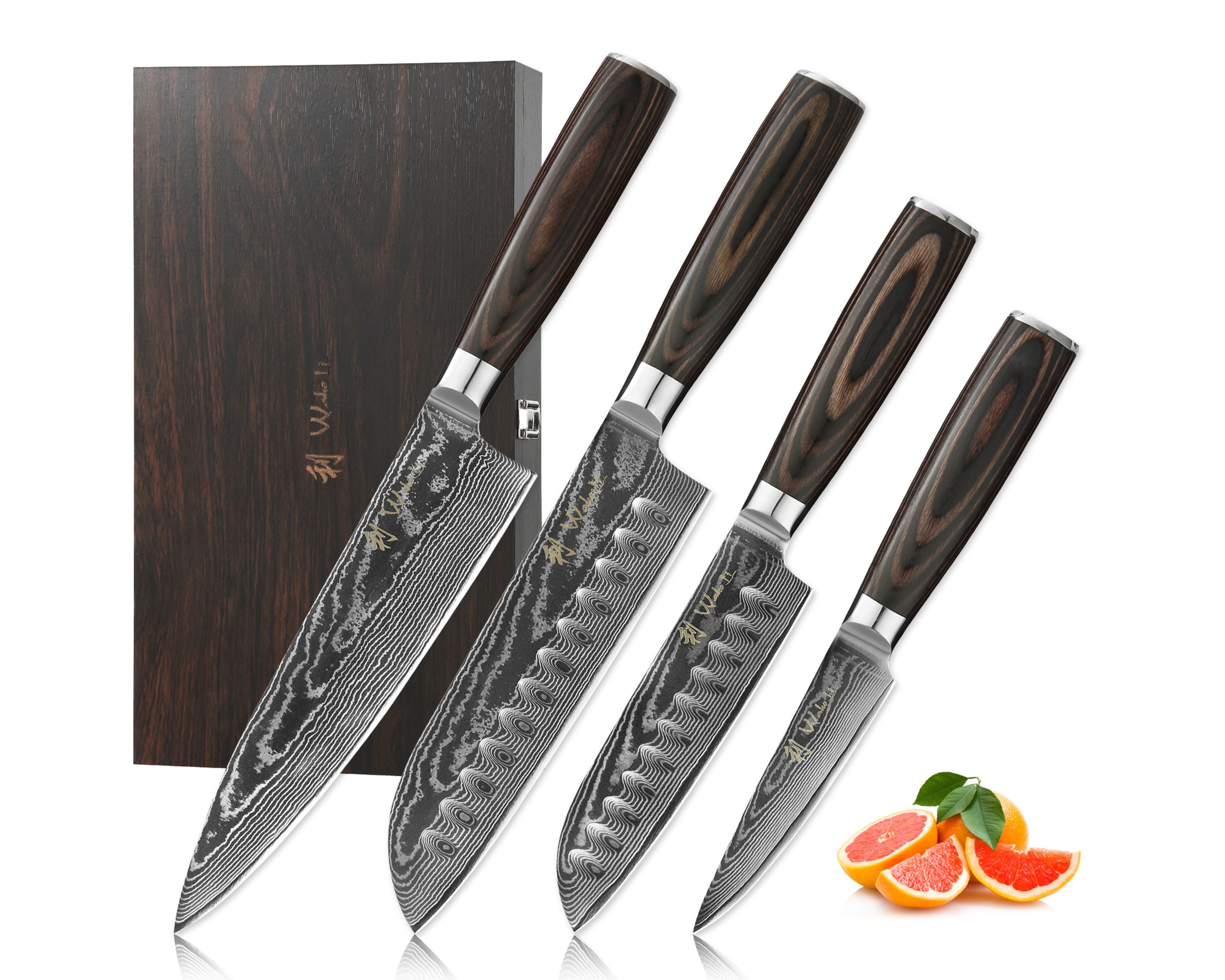 4er Damastmesser-Set (20,18,12 und 10cm) Damast-Küchenmesser Set mit Chef- und Santoku-, Kleines Santoku- und Officemesser, Holzbox